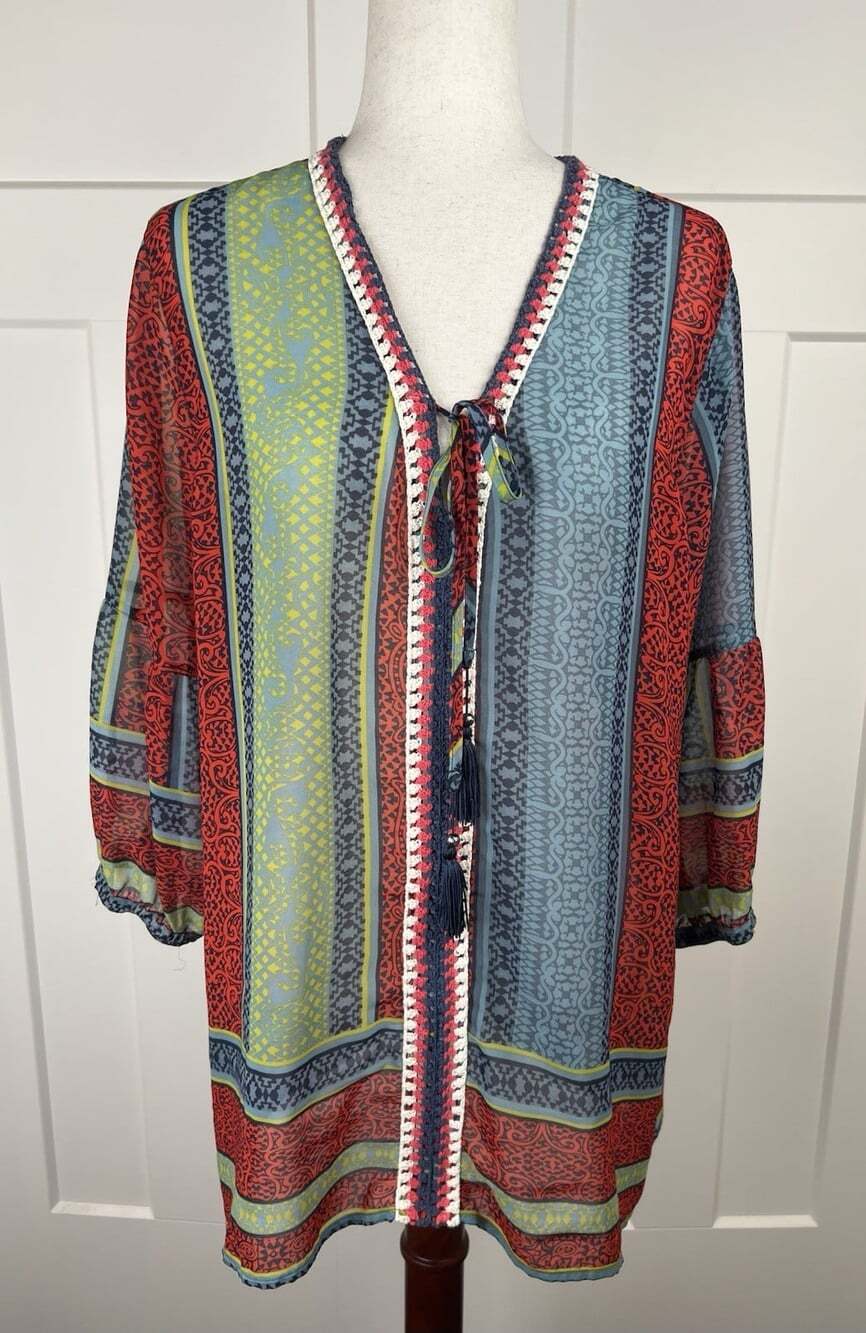 Ali Miles Tunic Top XL Boho Multicolor Crochet Trim Tassel Tie Sheer Artsy